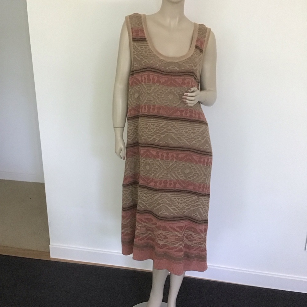 Ralph Lauren LRL Linen Cotton Knit Tan Coral Southwestern Tank Midi Dress 3X